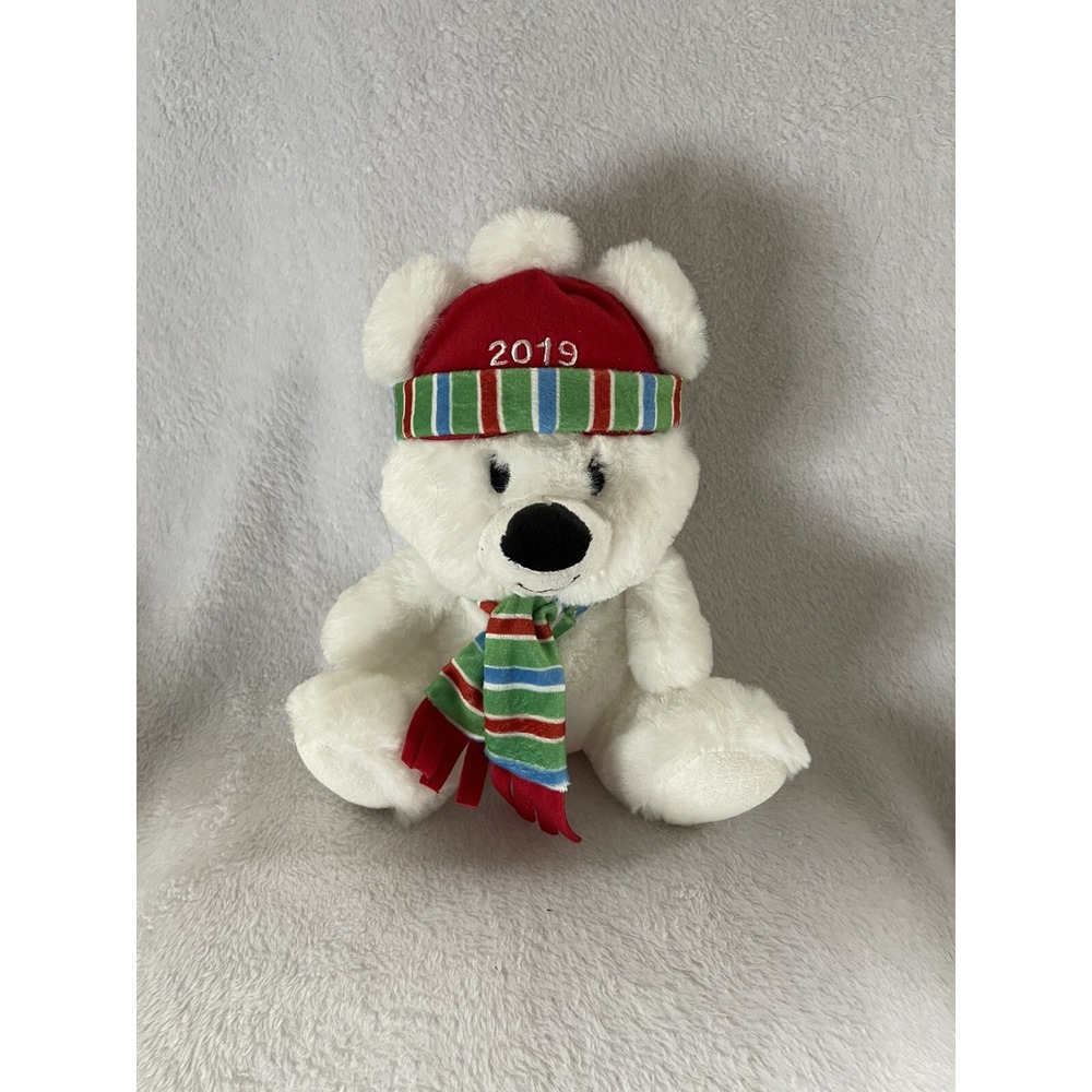 American Greetings Bear 9" Plush White with Hat Scarf Holiday Christmas Stuffed